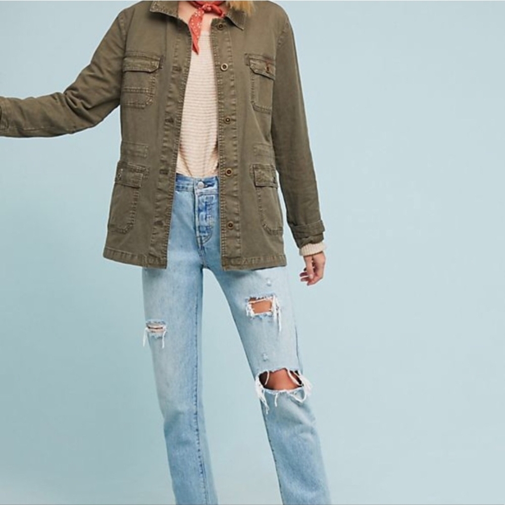 ANTHROPOLOGIE Army Green Sweater Back Womens Cargo Jacket Sz Small